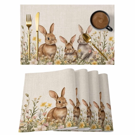 Easter Rabbit Placemats Set of 2, Vintage Brown Bunny Spring Colorful Flower Leaf Linen Texture Non-Slip Place Mats Washable Table Mats for Kitchen Dining Table Decorations Indoor/Outdoor