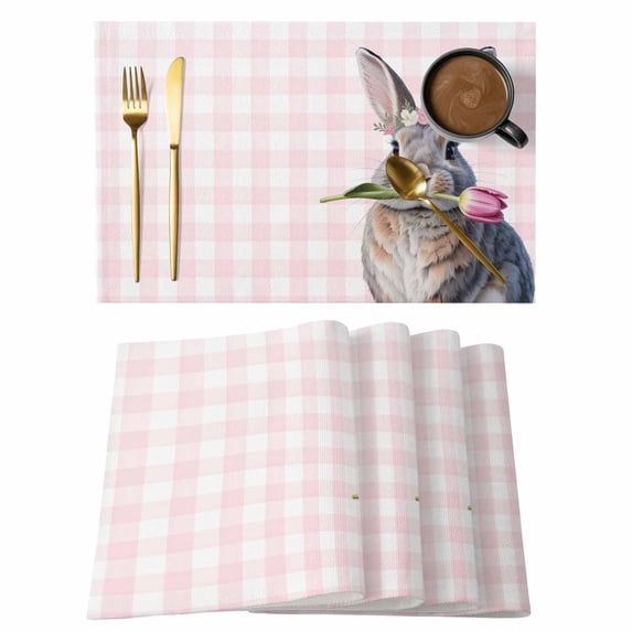 Easter Rabbit Placemats Set of 2, Watercolor Grey Rabbit Biting A Pink Tulip Floral Pink Plaid Non-Slip Place Mats Washable Table Mats for Kitchen Dining Table Decorations Indoor/Outdoor