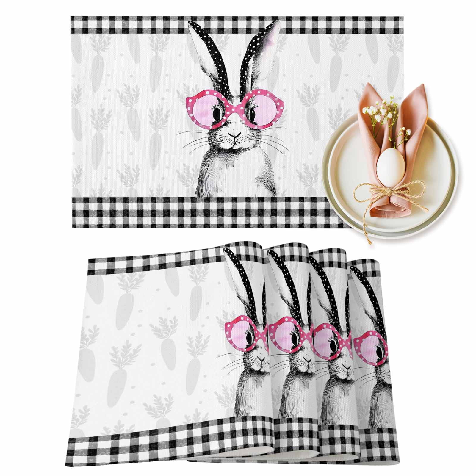 Pink Rabbit Mat Easter Rabbit Placemats Set of 4, Pink Glasses Bunny Carrots Black ...
