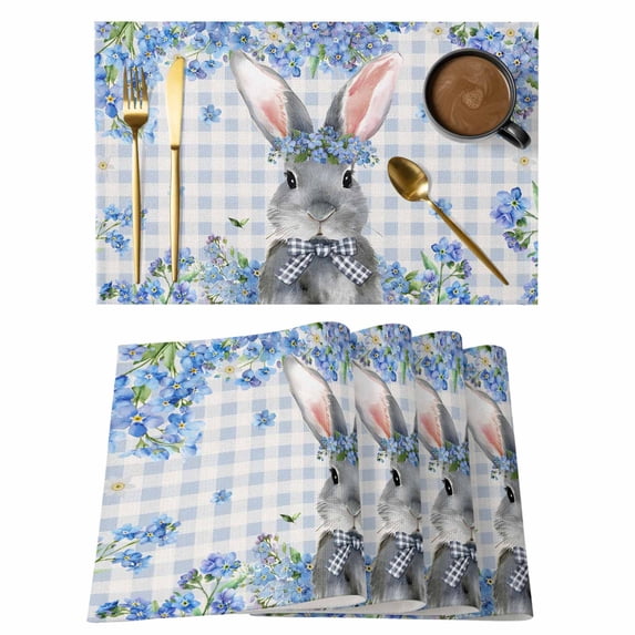 Easter Rabbit Placemats Set of 4, Spring Cute Bunny Blue Flowers Buffalo Plaid Placemats for Dining Table, Place Mats for Kitchen Tabletop, Waterproof Wipeable Dining Table Mats Set