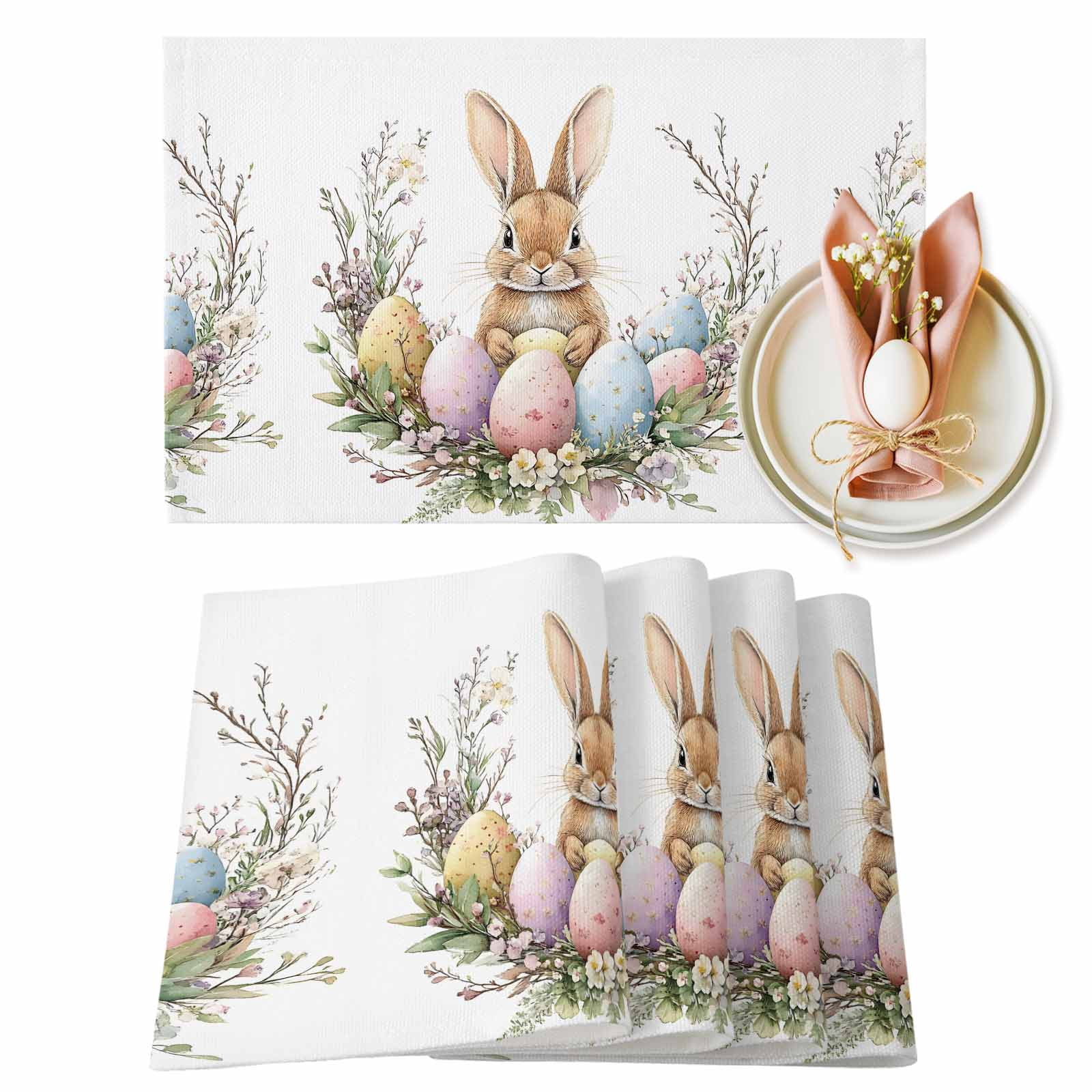 Pink Rabbit Mat Easter Rabbit Placemats Set of 6, Watercolor Cute Bunny Pink Blue ...