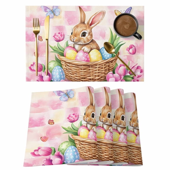 Easter Rabbit Placemats Set of 6, Easter Egg Non-Slip Place Mats Washable Table Mats for Kitchen Dining Table Decorations Indoor/Outdoor