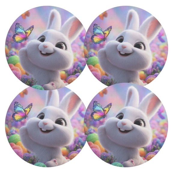 Easter Rabbit Play with Butterflies PVC Round Grid Placemat Table Mat Set 4 Pcs 15.4" x 15.4"