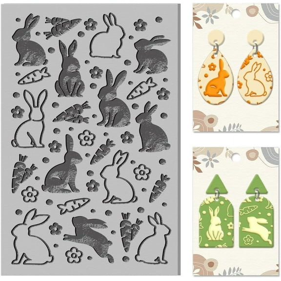 Easter Rabbit Polymer Texture Sheets Bunny Carrot Flowers Animals Rubber Texture Stamp Sheets Clay Texture Mat for Making Earrings Jewerly Polymer Clay Earrings Tools for DIY