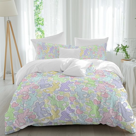 Easter Rabbit Queen Duvet Cover Set, Spring Cute Blue Green Purple Yellow Pink Bunny Love Heart 4 Piece Microfiber Bedding Set with Zipper Closure, Bed Sheet and 2 Pillow Shams, Soft Bedding Cover
