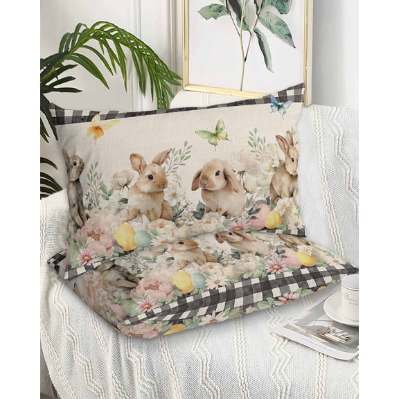 Easter Rabbit Queen Pillow Cases Set of 2 - Microfiber Bed Throw Pillow Covers, Farmhouse Spring Botanical Flowers Eggs Grid Decorative Lumbar Pillow Cover with Envelope Closure for Sofa 20"x30"