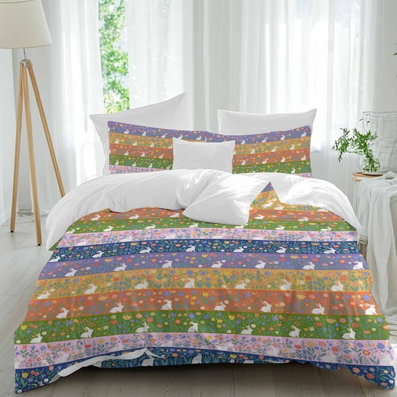 Easter Rabbit Queen Size 4 piece Duvet Cover Set, Color Striped Flowers Spring Cartoon Animal Comfort Bedding Set, Include a Duvet Cover,a Bed Sheet, 2 Pillowcase with Zipper for All Season