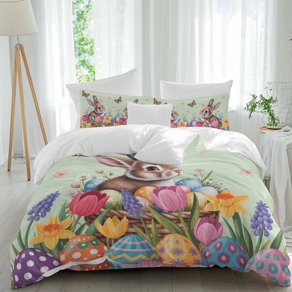 Easter Rabbit Queen Size 4 piece Duvet Cover Set,3 Comfort Bedding Set, Include a Duvet Cover,a Bed Sheet, 2 Pillowcase with Zipper for All Season