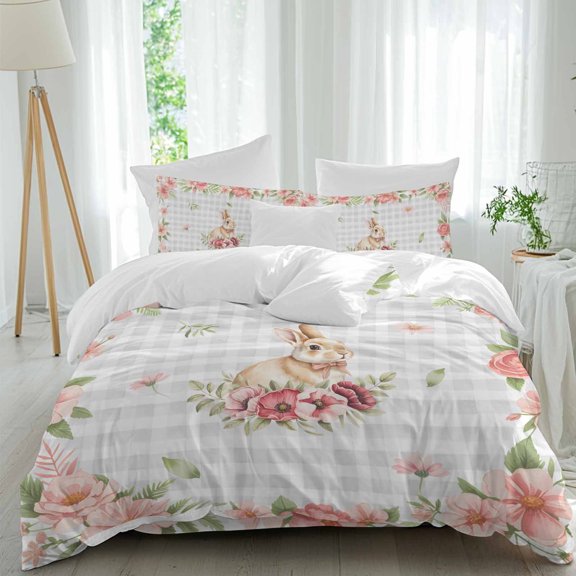 Easter Rabbit Queen Size 4 piece Duvet Cover Set,3 Comfort Bedding Set, Include a Duvet Cover,a Bed Sheet, 2 Pillowcase with Zipper for All Season