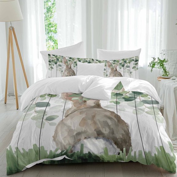 Easter Rabbit Queen Size 4 piece Duvet Cover Set,3 Comfort Bedding Set, Include a Duvet Cover,a Bed Sheet, 2 Pillowcase with Zipper for All Season