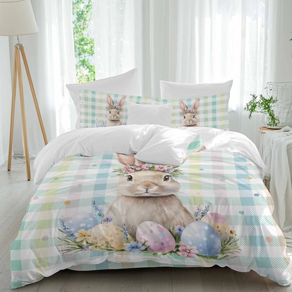 Easter Rabbit Queen Size 4 piece Duvet Cover Set,3 Comfort Bedding Set, Include a Duvet Cover,a Bed Sheet, 2 Pillowcase with Zipper for All Season