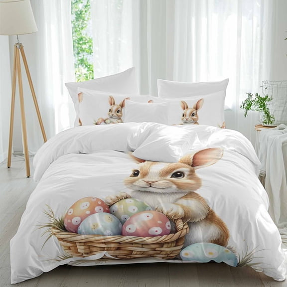 Easter Rabbit Queen Size 4 piece Duvet Cover Set,3 Comfort Bedding Set, Include a Duvet Cover,a Bed Sheet, 2 Pillowcase with Zipper for All Season