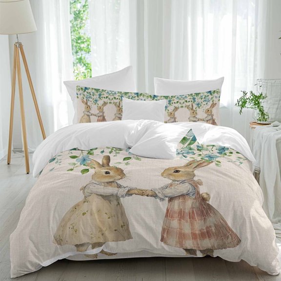 Easter Rabbit Queen Size 4 piece Duvet Cover Set,3 Comfort Bedding Set, Include a Duvet Cover,a Bed Sheet, 2 Pillowcase with Zipper for All Season