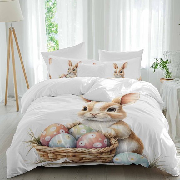 Easter Rabbit Queen Size 4 piece Duvet Cover Set,3 Comfort Bedding Set, Include a Duvet Cover,a Bed Sheet, 2 Pillowcase with Zipper for All Season