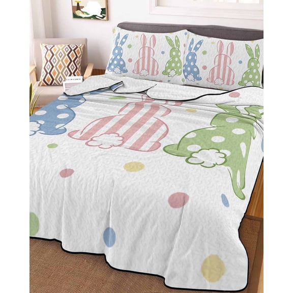 Easter Rabbit Queen Size Down Alternative Comforter, Lightweight Comforter Quilt Bedding Set with Pillow Shams Pink Blue Green Bunny Spring Polka Dots All Seasons Bed Comforter Duvet Insert 90"x96"