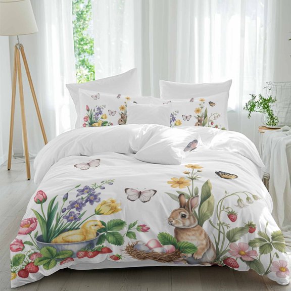 Easter Rabbit Queen Size Comforter Set, Spring Floral Basket Chick Eggs Butterfly Strawberry Bedding for All Seasons, 4 Pcs Bed Set, 1Quiltcover (90"x92") ,1Sheet(94"x116"), 2Pillowcases (30"x20")