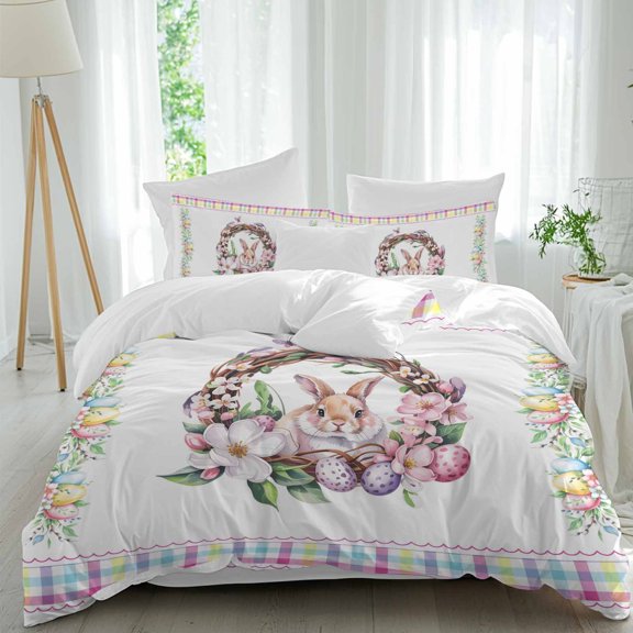 Easter Rabbit Queen Size Comforter Set, Spring Floral Branch Plant Colorful Egg Colored Plaid Bedding for All Seasons, 4 Pcs Bed Set, 1Quiltcover (90"x92") ,1Sheet(94"x116"), 2Pillowcases (30"x20")