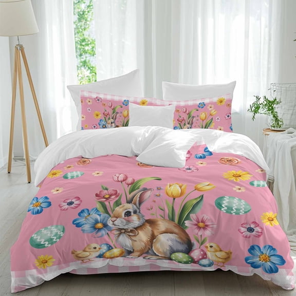 Easter Rabbit Queen Size Comforter Set, Spring Floral Leaf Bunny Chick Eggs Pink Plaid Bedding for All Seasons, 4 Pcs Bed Set, 1Quiltcover (90"x92") ,1Sheet(94"x116"), 2Pillowcases (30"x20")