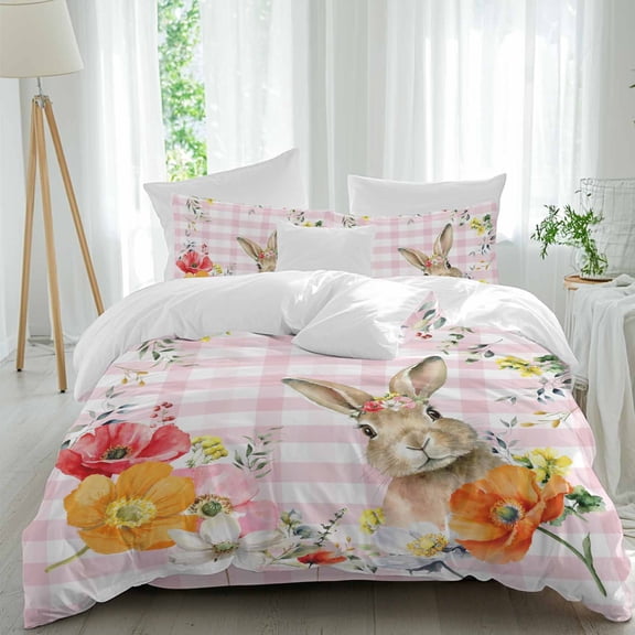 Easter Rabbit Queen Size Comforter Set, Spring Red Orange Pink Floral Plant Pink Buffalo Plaid Bedding for All Seasons, 4 Pcs Bed Set, 1Quiltcover (90"x92") ,1Sheet(94"x116"), 2Pillowcases (30"x20")