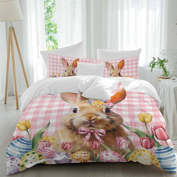 Easter Rabbit Queen Size Comforter Set, Watercolor Yellow Bunny Colorful Egg Floral Pink Plaid Bedding for All Seasons, 4 Pcs Bed Set, 1Quiltcover (90"x92") ,1Sheet(94"x116"), 2Pillowcases (30"x20")