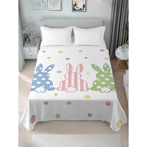 Easter Rabbit Queen Size Flat Sheet, Wrinkleproof & Fadeproof Cooling Flat Bed Sheet Only, Pink Blue Green Bunny Spring Polka Dots Breathable Soft Bedding Top Sheets 90 x 102 Inches