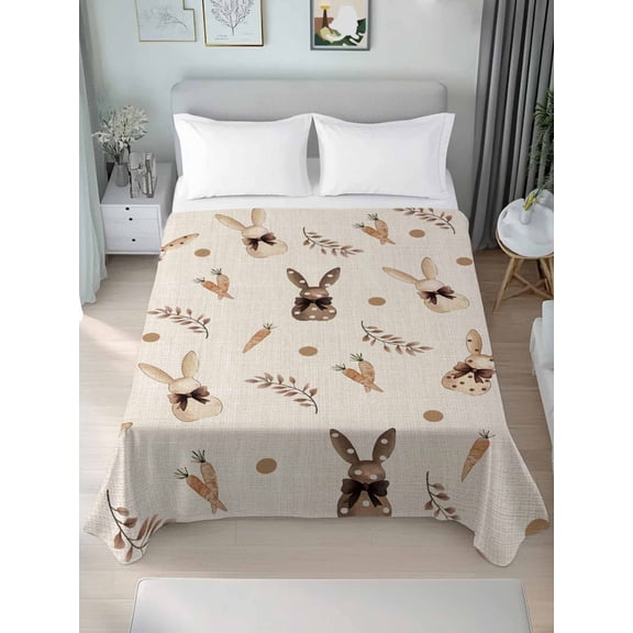 Easter Rabbit Queen Size Flat Sheet, Wrinkleproof & Fadeproof Cooling Flat Bed Sheet Only, Spring Carrot Plant Bunny Polka Dot Breathable Soft Bedding Top Sheets 90 x 102 Inches
