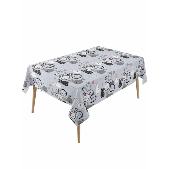 Easter Rabbit Rectangle Tablecloth, Cartoon Cute Bunny Sketch on Blue Waterproof & StainResistant Tablecloth, Washable Oil-proof Table Cover for Dining/Party/Wedding/Camping/Buffet 54x108 In