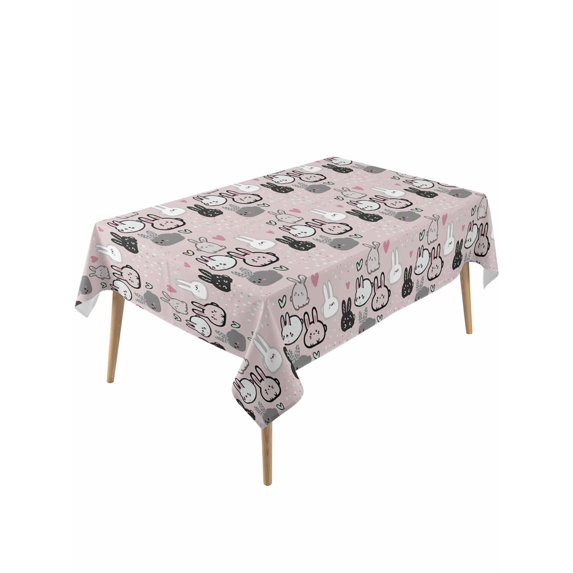 Easter Rabbit Rectangle Tablecloth, Cartoon Cute Bunny Sketch on Pink Waterproof & StainResistant Tablecloth, Washable Oil-proof Table Cover for Dining/Party/Wedding/Camping/Buffet 54x108 In