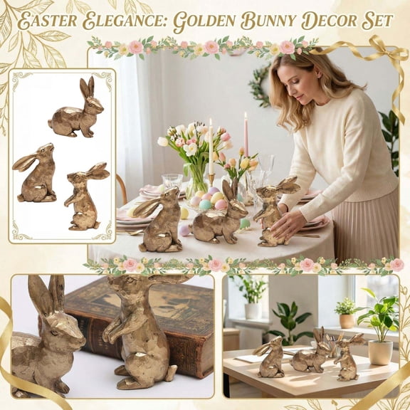 Easter Rabbit Resin Figurines Set of 3 Gold Bunny Statues for Tabletop Home Decor Centerpiece Kitchen Dining Room Office Bookshelf Shelf Ornament Wedding Craft Decoration (3-Piece Set)