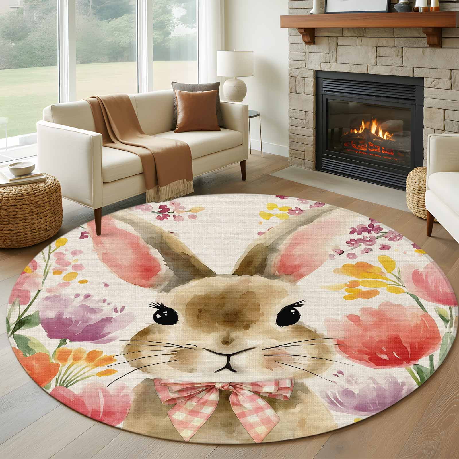 Easter Rabbit Round Area Rug 5ft, Rustic Tulips Flowers Vintage ...