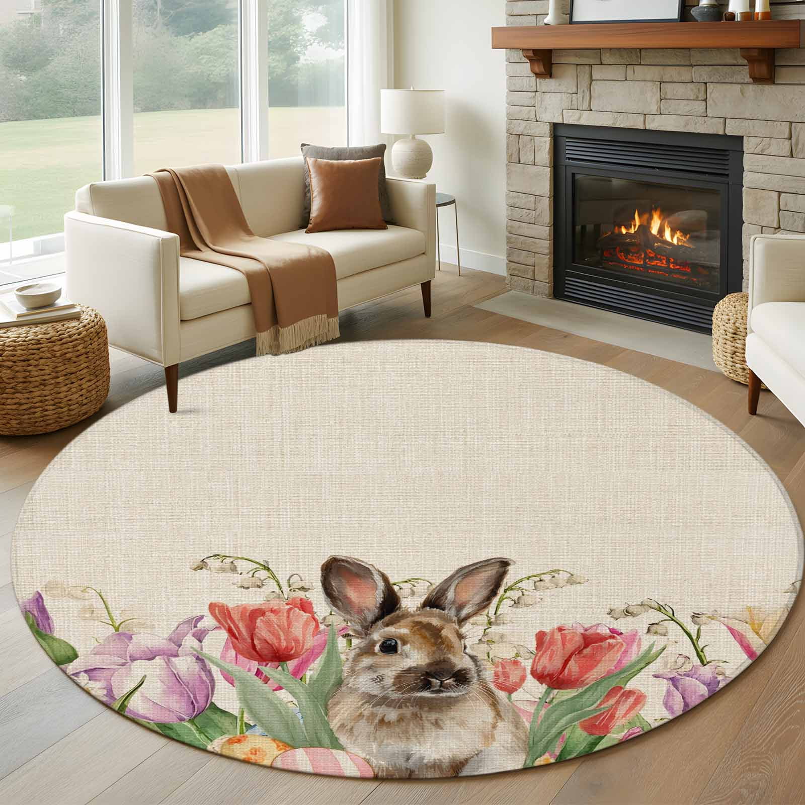 Easter Rabbit Round Area Rug 7Ft Washable Circle Rugs for Dorm Laundry ...