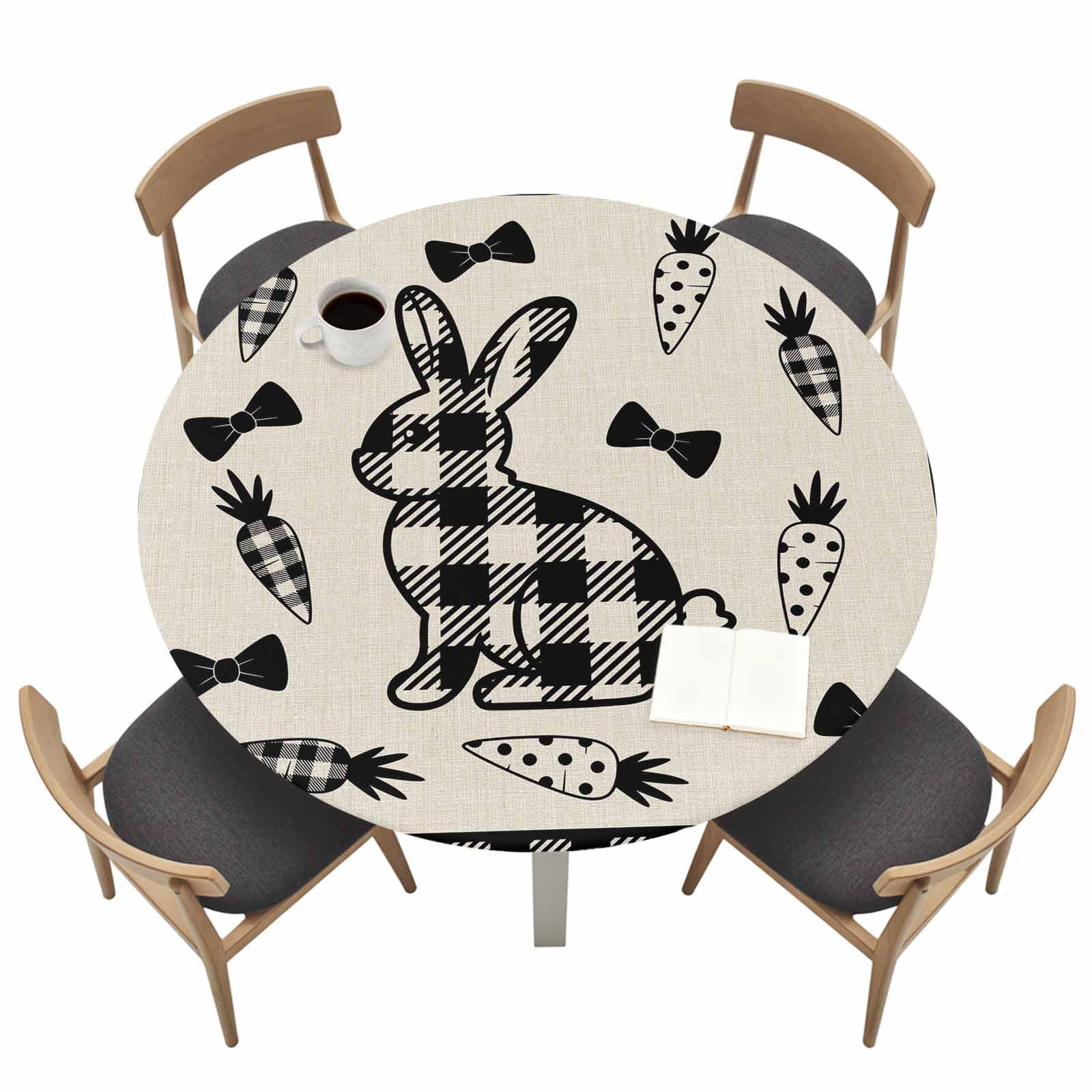 Easter Rabbit Round Fitted Tablecloth with Elastic Edge Vintage Black ...