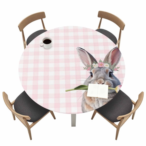 Easter Rabbit Round Fitted Tablecloth with Elastic Edge Watercolor Grey Rabbit Biting A Pink Tulip Floral Pink Plaid Table Cover Fit for 36"-44" Tables Tablecloths for Dinner Camping Picnic