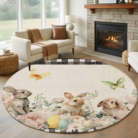 Easter Rabbit Round Rug 7ft Washable Circle Rugs Non Slip Farmhouse ...