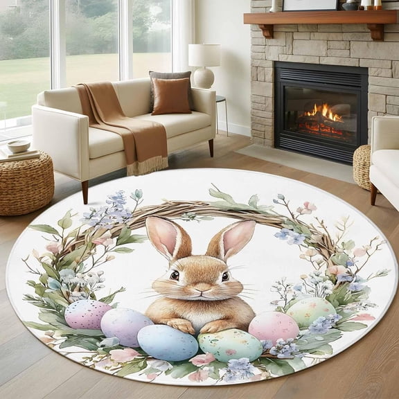 Easter Rabbit Round Rugs 6ft Washable Watercolor Cute Bunny Pink Blue Eggs Spring Floral Leaf Wreath Circle Area Rug Non Slip Indoor Carpet Absorbent Floor Mat for Living Room Bedroom Dining Room