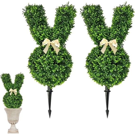 Easter Rabbit Shaped Topiary Trees - Set of 2 - 2ft High Easter Artificial Boxwood - Swaying Ears and Brown Bow Tie - UV-Resistant - Indoor & Outdoor Decor(3D)