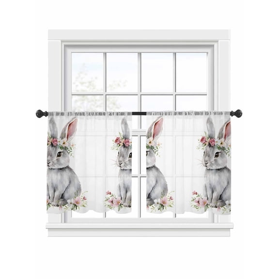 Easter Rabbit Sheer Curtains 2 Panels Set Watercolor Grey Wreath Bunny Spring Pink White Floral Leaf Sheer Window Curtains Light Filtering Rod Pocket Voile Drapes for Bedroom Living Room 52"x54"