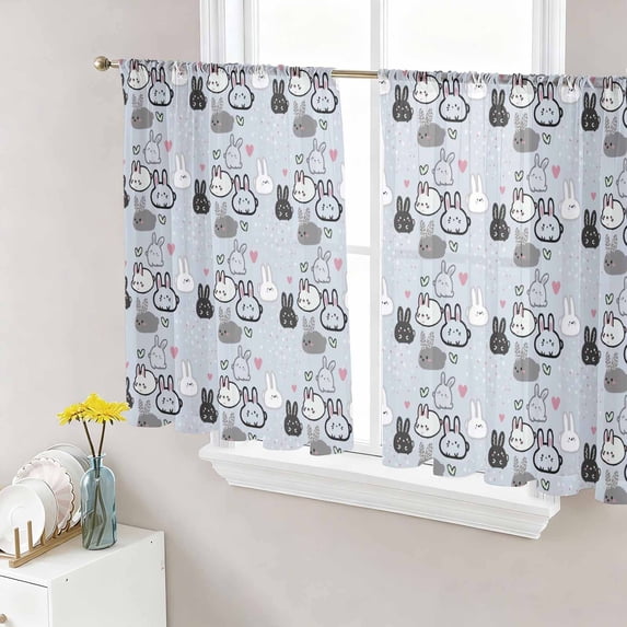 Easter Rabbit Sheer Curtains 54 Inch Length 2 Panels for Living Room, Cartoon Cute Bunny Sketch on Blue Voile Kitchen Curtain Set, Luxury Privacy Drapes Window Treatment for Bedroom