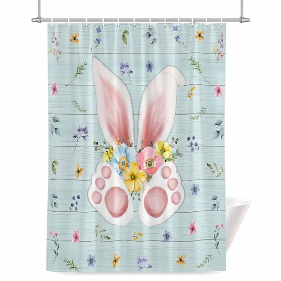 Easter Rabbit Shower Curtain, 72" x 72", Spring Bunny Ears Foot Floral Green Wood Grain Waterproof Bathroom Curtain Washable Shower Curtain Set with 12 Hooks