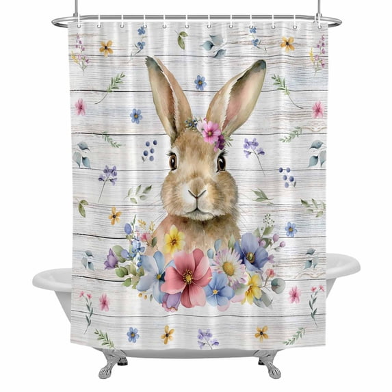 Easter Rabbit Shower Curtain for Bathroom, Spring Blue Purple Pink Floral Leaf Plant Wood Grain Waterproof Cloth Fabric Bathroom Accessories Set with 12 Rust Proof Plastic Hooks, 66"x72"