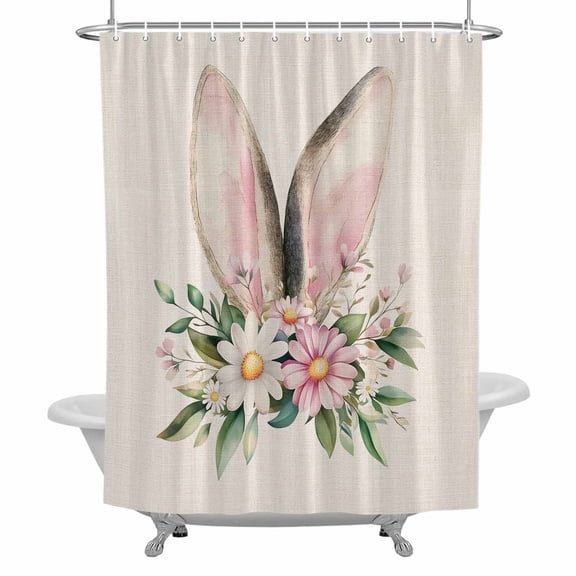 Easter Rabbit Shower Curtain for Bathroom, Spring Flower Pink Ears Waterproof Cloth Fabric Bathroom Accessories Set with 12 Rust Proof Plastic Hooks, 54"x78"