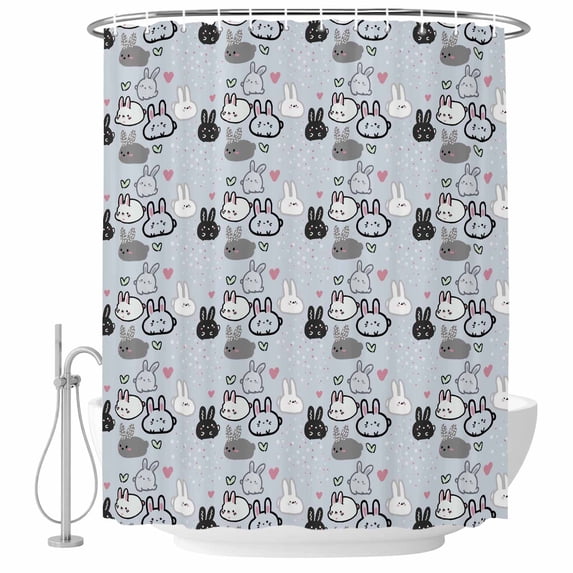 Easter Rabbit Shower Curtain, Waterproof Shower Curtains for Bathroom, Cartoon Cute Bunny Sketch on Blue Washable Fabric Bathtub Curtain Set Bath Decor with 12 Hooks Stall 36"x72"