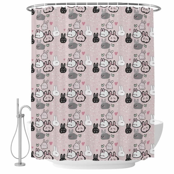 Easter Rabbit Shower Curtain, Waterproof Shower Curtains for Bathroom, Cartoon Cute Bunny Sketch on Pink Washable Fabric Bathtub Curtain Set Bath Decor with 12 Hooks 48"x72"