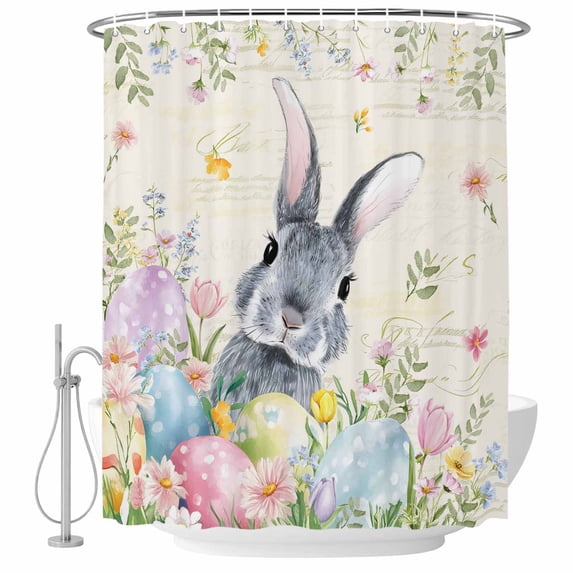 Easter Rabbit Shower Curtain, Waterproof Shower Curtains for Bathroom, Spring Colorful Eggs Wildflowers Leaves Washable Fabric Bathtub Curtain Set Bath Decor with 12 Hooks 72"x78"