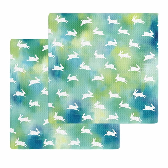 Easter Rabbit Silhouette Kitchen Dish Towels for Drying Dishes Set of 2, Spring Bunny Blue Green Ombre Waffle Weave Microfiber Hand Tea Bathroom Towels Quick Dry & Absorbent Towel 12x12