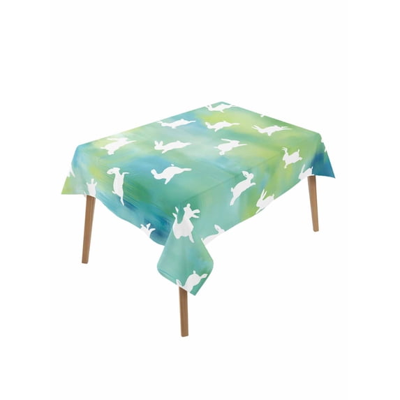Easter Rabbit Silhouette Rectangle Tablecloth, Spring Bunny Blue Green Ombre Waterproof & StainResistant Tablecloth, Washable Oil-proof Table Cover for Dining/Party/Wedding/Camping/Buffet 60x84 In