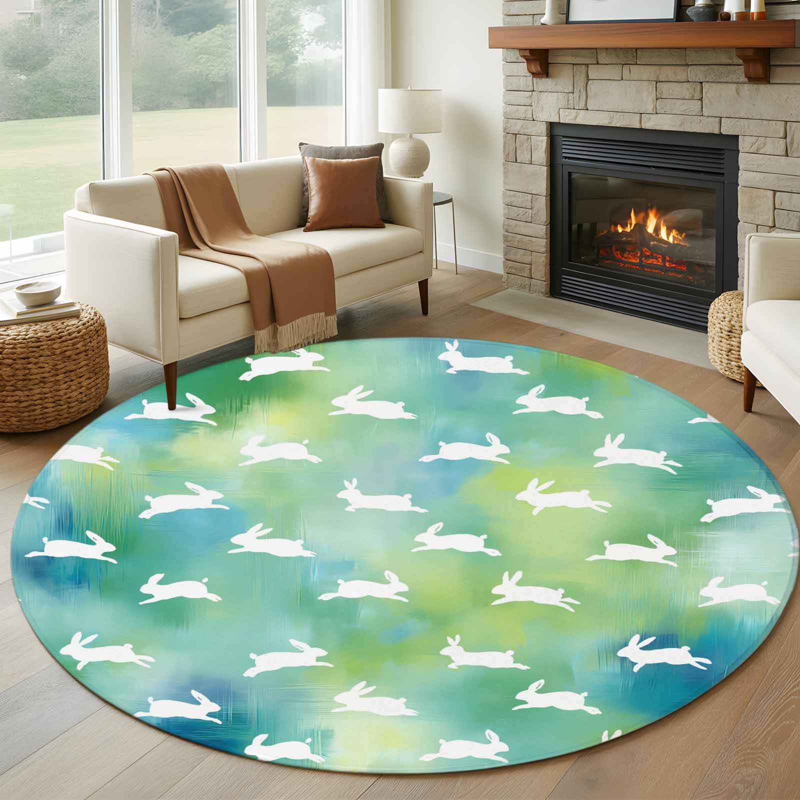Easter Rabbit Silhouette Round Rug 5ft Washable Circle Kitchen Rugs Non ...