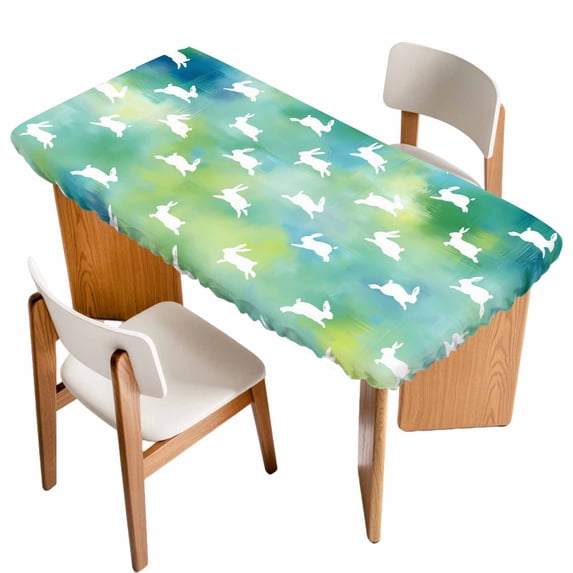 Easter Rabbit Silhouette Table Cloths for 5 Foot Rectangle Tables, Spring Bunny Blue Green Ombre Patio Waterproof Elastic Fitted Tablecloths, Washable Rectangular Table Cover for Camping