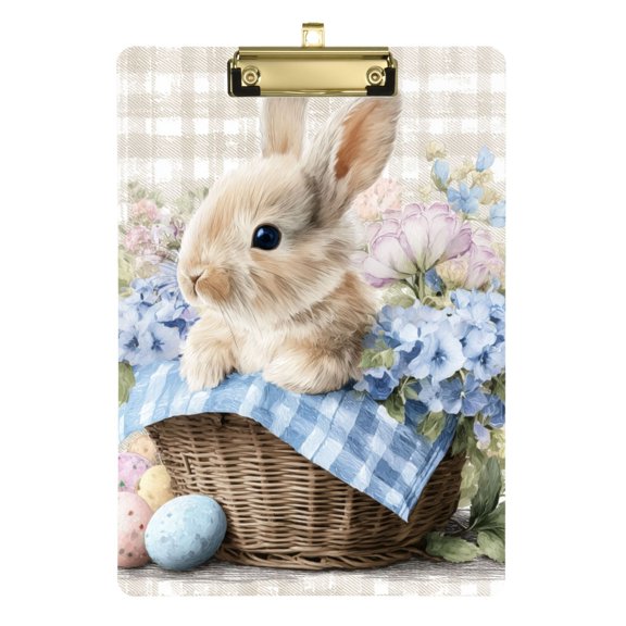 Easter Rabbit Sit in Basket Eggs Flowers Acrylic Clipboard Drawing Board with Hook Writing Pad File Storage A4 Size Gold 12.5" x 9"