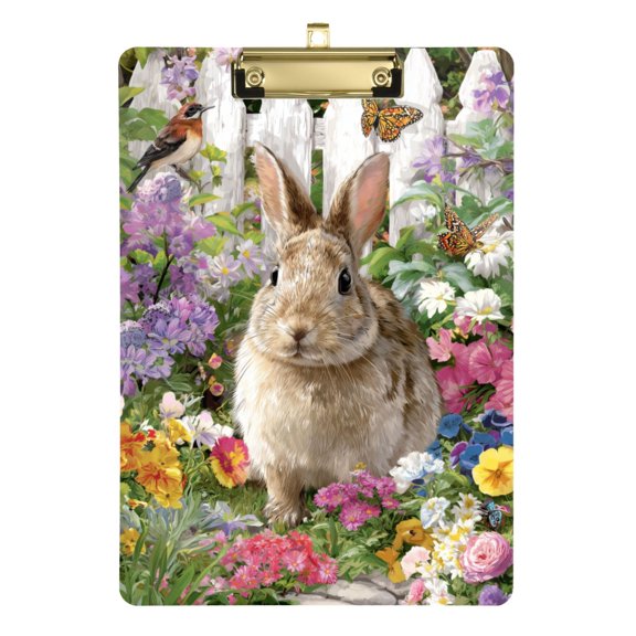 Easter Rabbit Sit in Garden with Flowers Acrylic Clipboard Drawing Board with Hook Writing Pad File Storage A4 Size Gold 12.5" x 9"